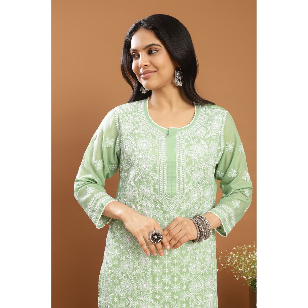 TAHILIYA Green Chikankari Mul Cotton Designer Kurta with Slip (Set of 2)