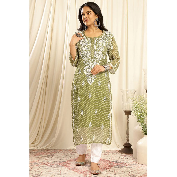 TAHILIYA Green Kota Doria Chikankari Kurta with Slip (Set of 2)