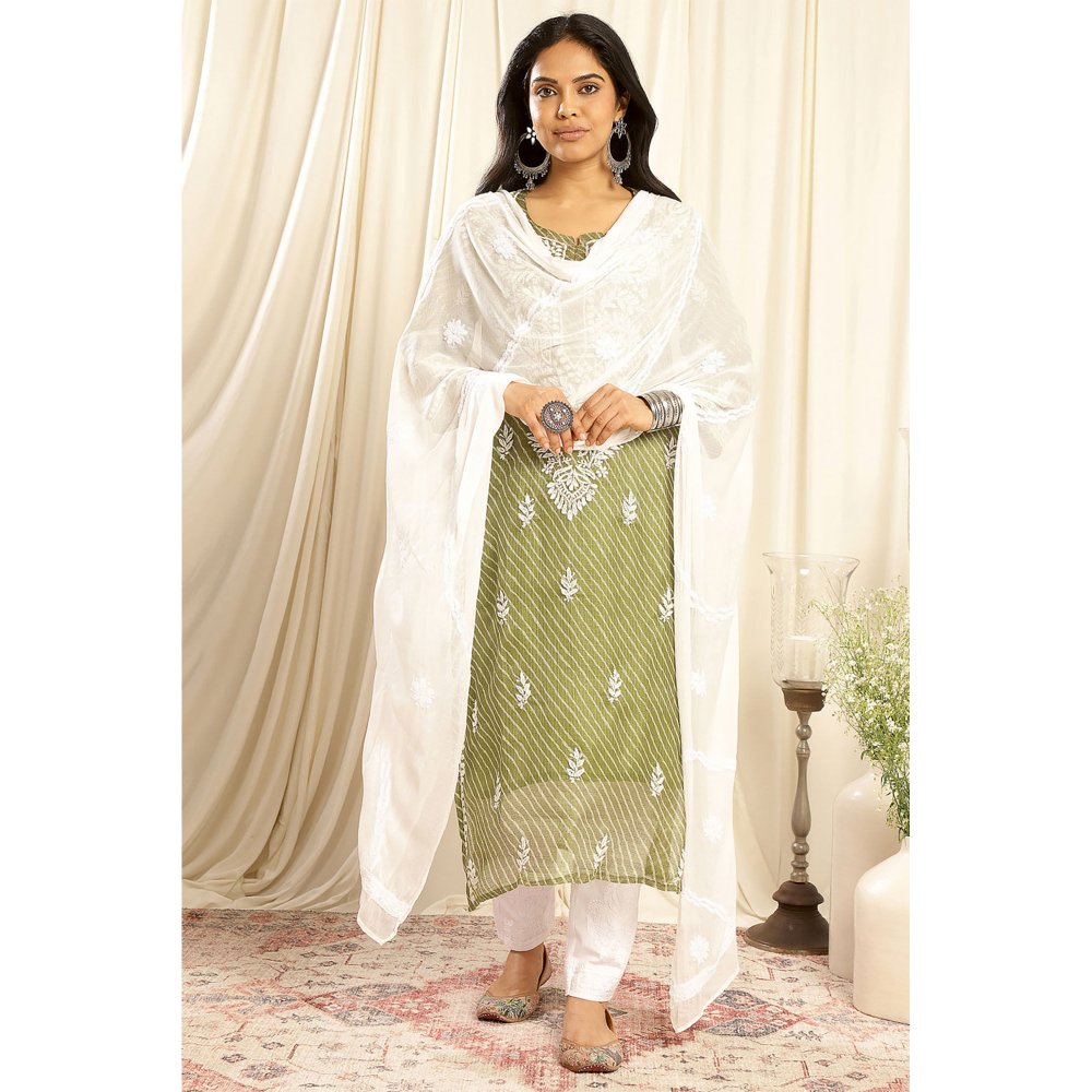 TAHILIYA Green Kota Doria Chikankari Kurta with Slip (Set of 2)