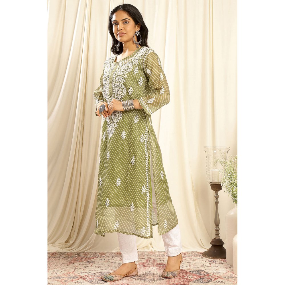 TAHILIYA Green Kota Doria Chikankari Kurta with Slip (Set of 2)