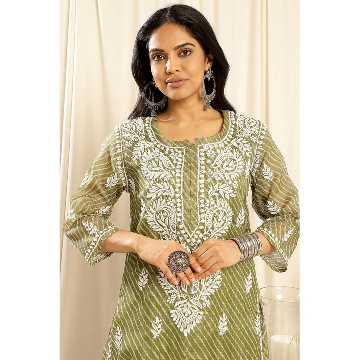 TAHILIYA Green Kota Doria Chikankari Kurta with Slip (Set of 2)