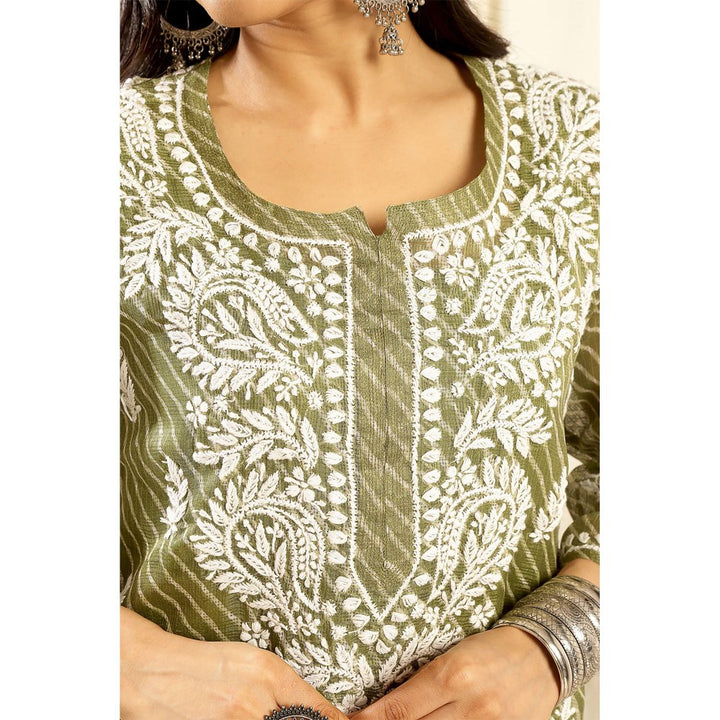 TAHILIYA Green Kota Doria Chikankari Kurta with Slip (Set of 2)