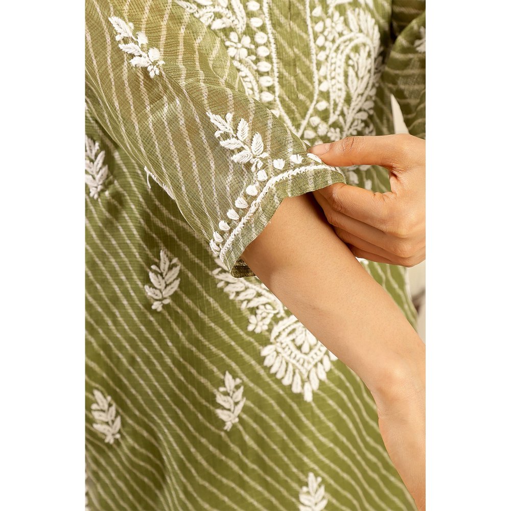 TAHILIYA Green Kota Doria Chikankari Kurta with Slip (Set of 2)