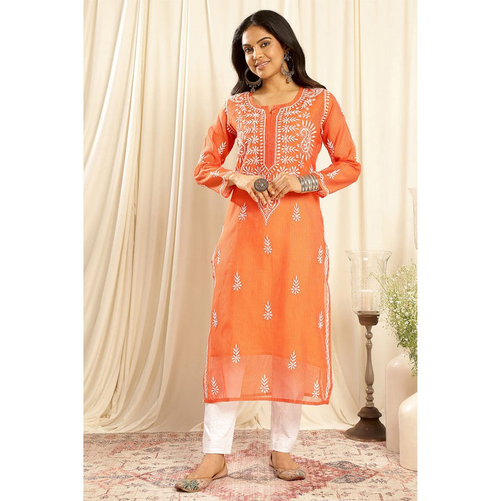 TAHILIYA Orange Kota Doria Chikankari Kurta with Slip (Set of 2)