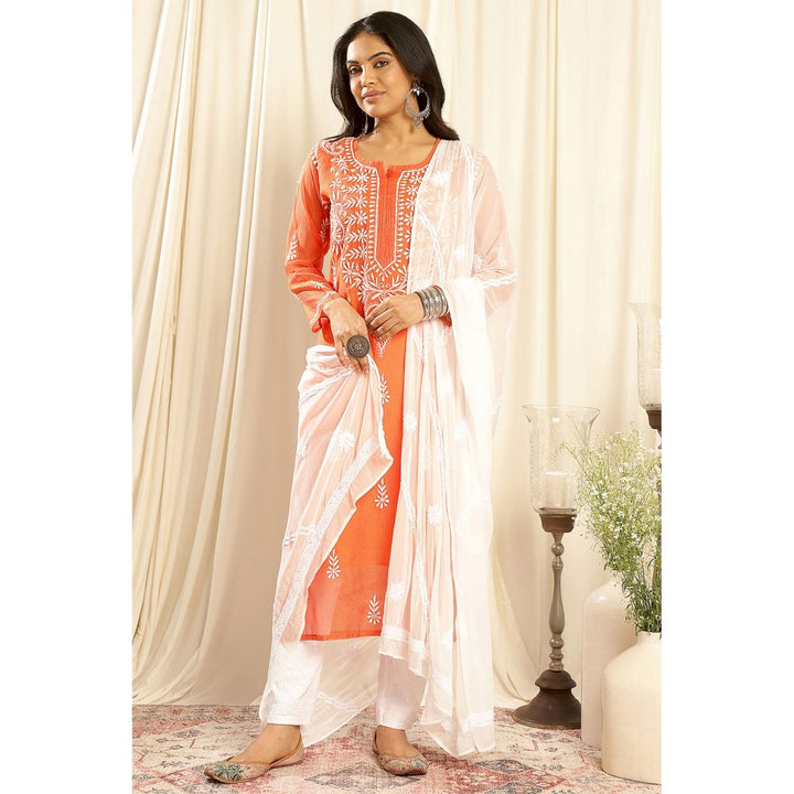 TAHILIYA Orange Kota Doria Chikankari Kurta with Slip (Set of 2)