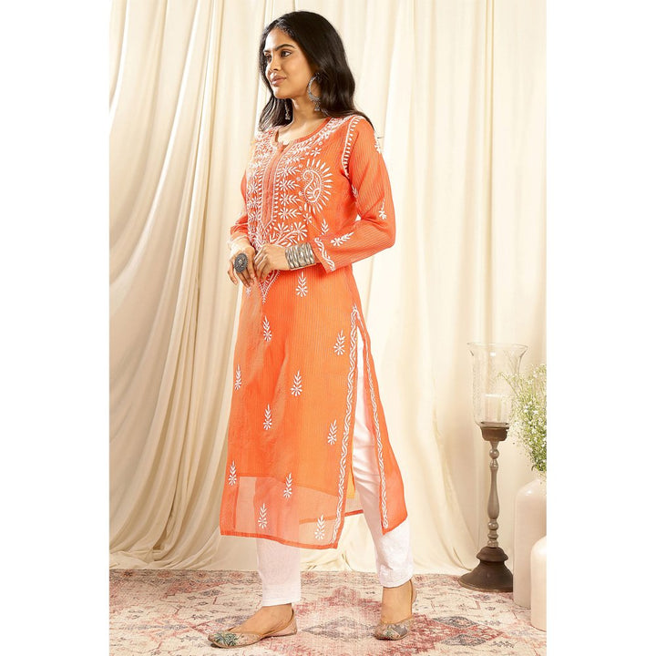 TAHILIYA Orange Kota Doria Chikankari Kurta with Slip (Set of 2)