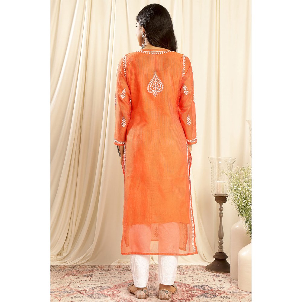 TAHILIYA Orange Kota Doria Chikankari Kurta with Slip (Set of 2)