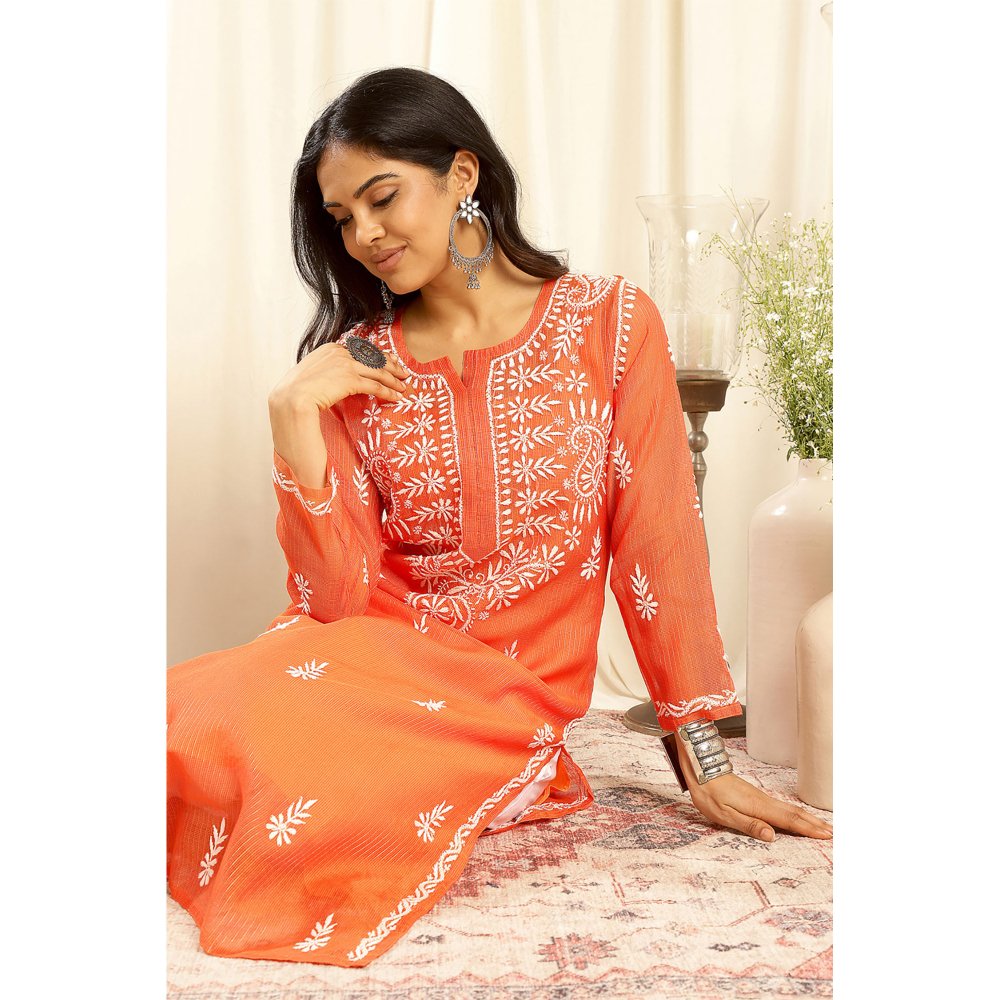 TAHILIYA Orange Kota Doria Chikankari Kurta with Slip (Set of 2)