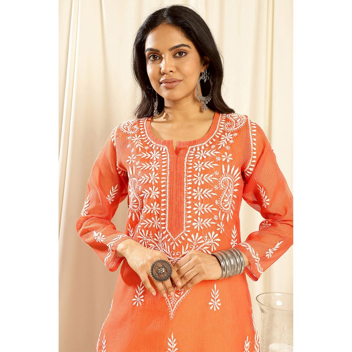 TAHILIYA Orange Kota Doria Chikankari Kurta with Slip (Set of 2)