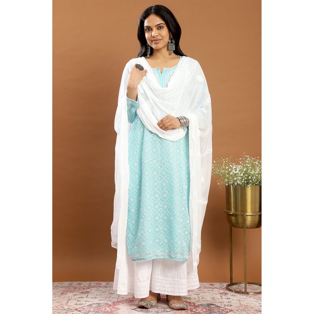 TAHILIYA Blue Chikankari Mul Cotton Designer Kurta with Slip (Set of 2)