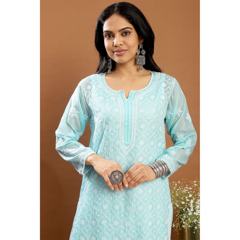 TAHILIYA Blue Chikankari Mul Cotton Designer Kurta with Slip (Set of 2)