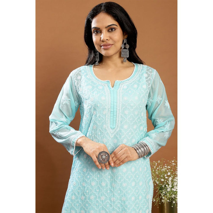 TAHILIYA Blue Chikankari Mul Cotton Designer Kurta with Slip (Set of 2)