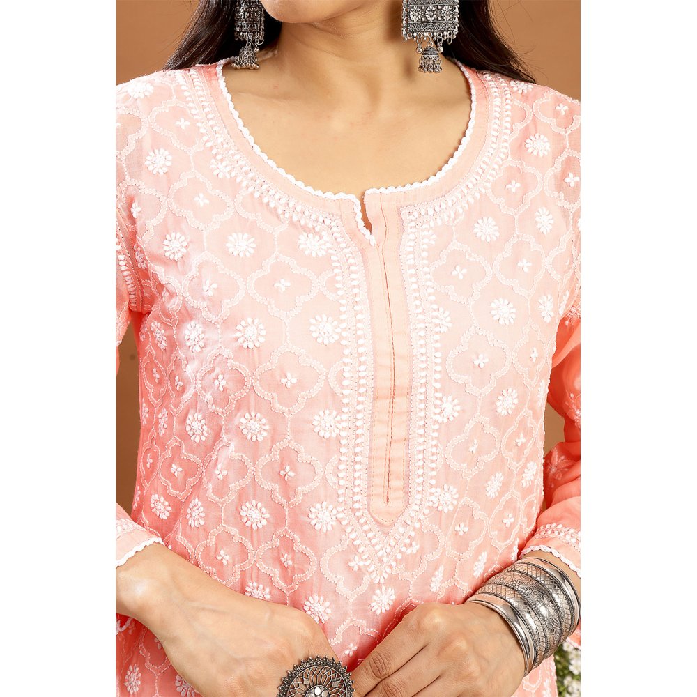 TAHILIYA Peach Chikankari Mul Cotton Designer Kurta with Slip (Set of 2)