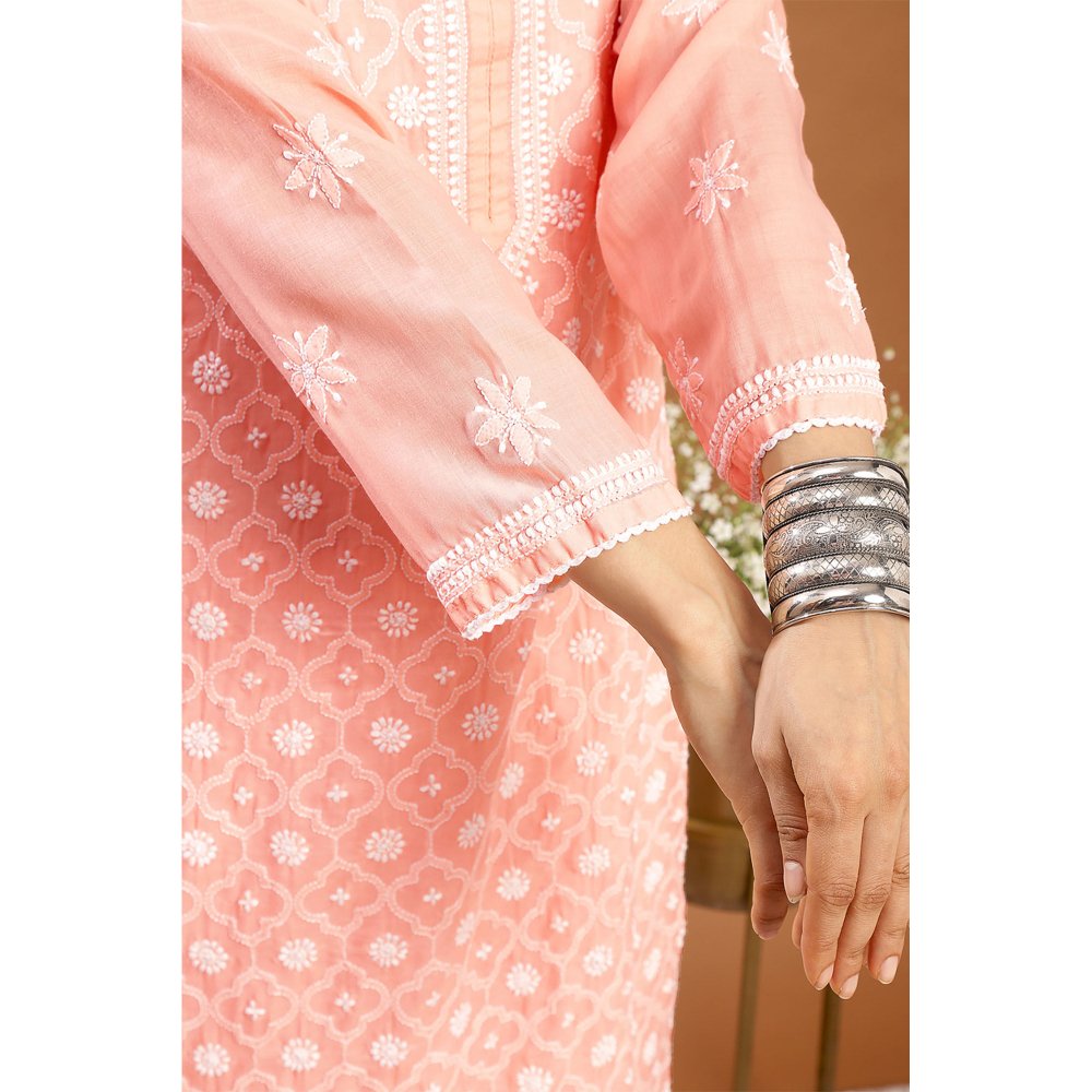 TAHILIYA Peach Chikankari Mul Cotton Designer Kurta with Slip (Set of 2)