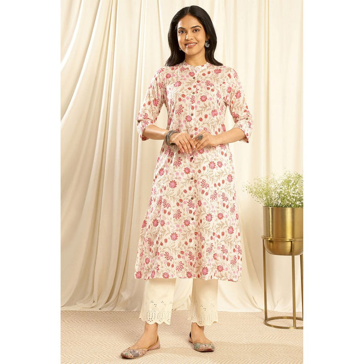 TAHILIYA Cream Pink A Line Cotton Kurta