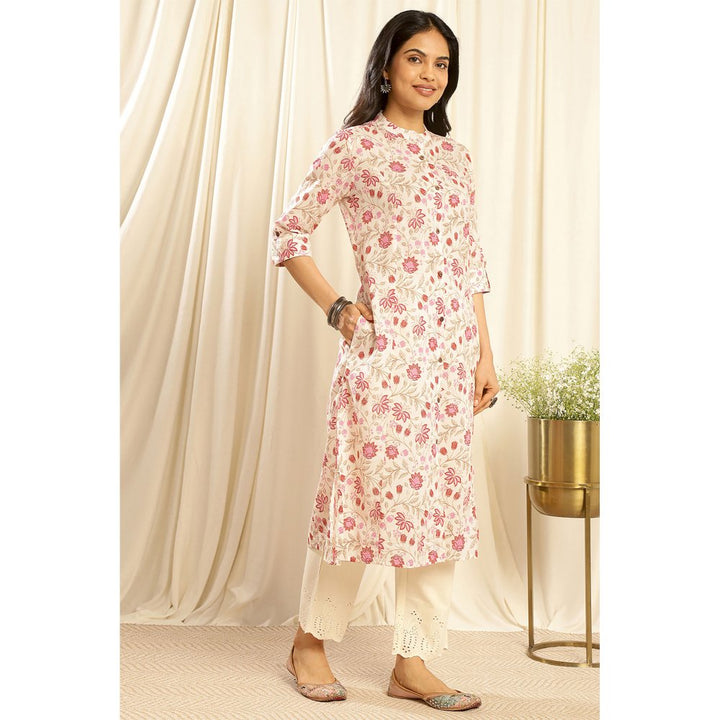 TAHILIYA Cream Pink A Line Cotton Kurta