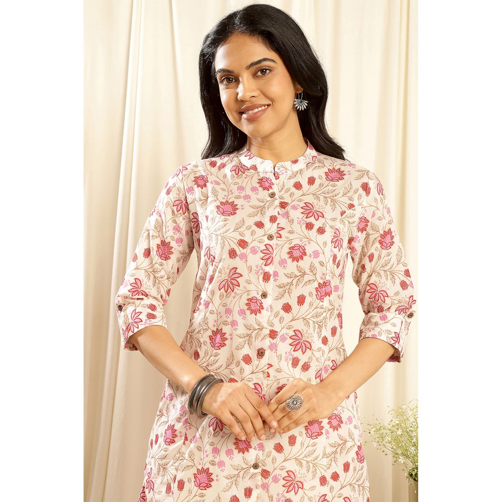 TAHILIYA Cream Pink A Line Cotton Kurta