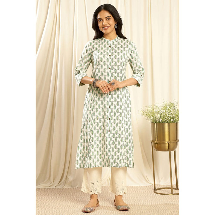 TAHILIYA Cream Green A Line Cotton Kurta