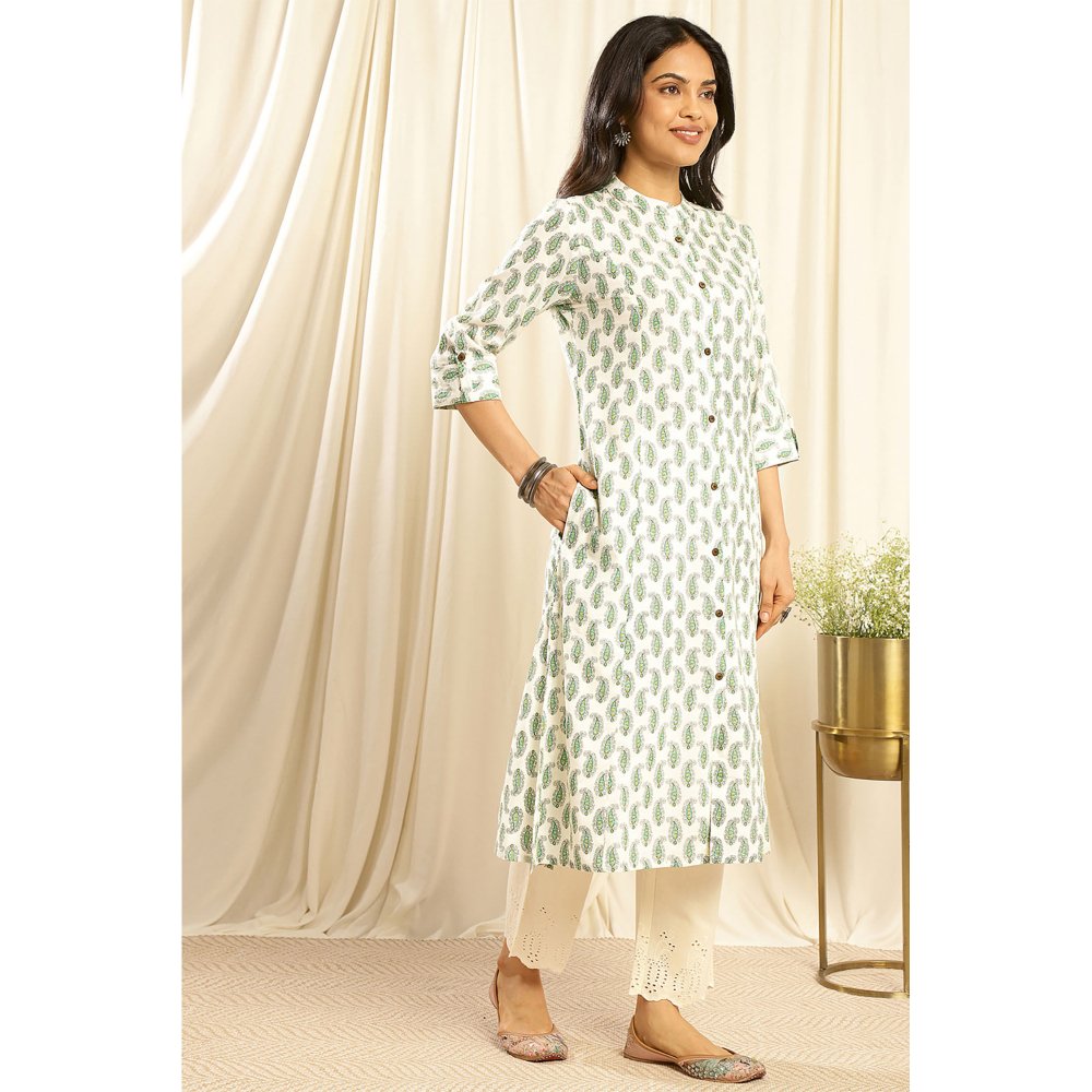 TAHILIYA Cream Green A Line Cotton Kurta