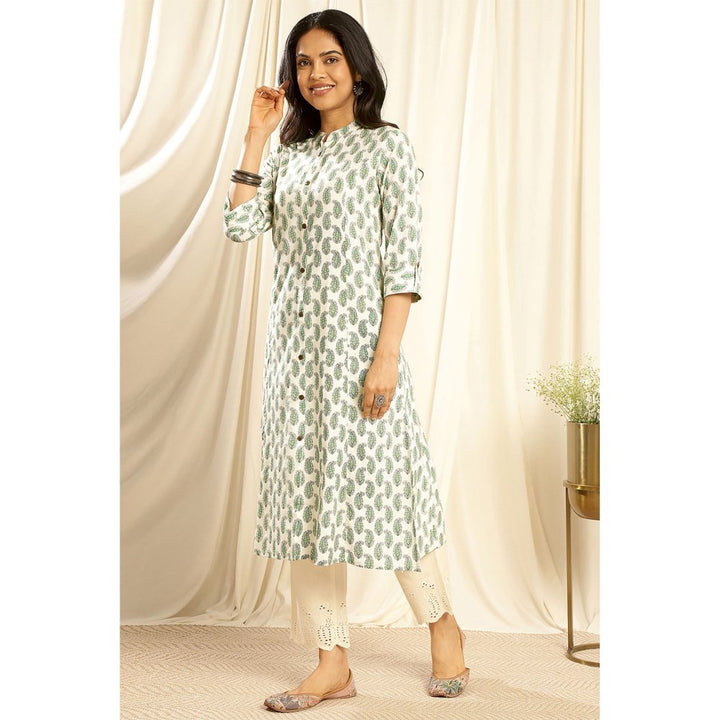 TAHILIYA Cream Green A Line Cotton Kurta