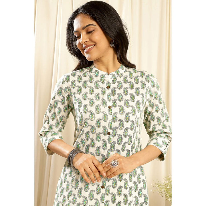 TAHILIYA Cream Green A Line Cotton Kurta