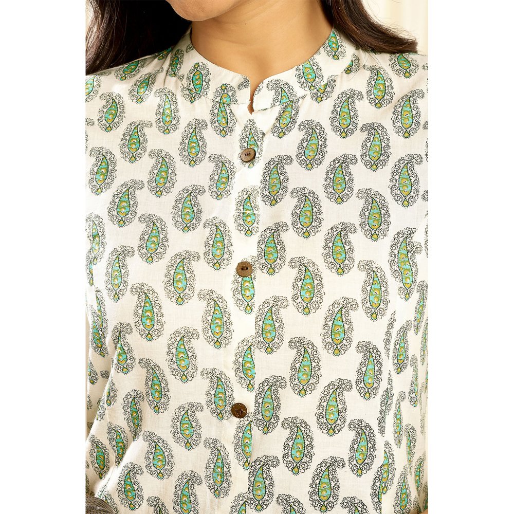 TAHILIYA Cream Green A Line Cotton Kurta