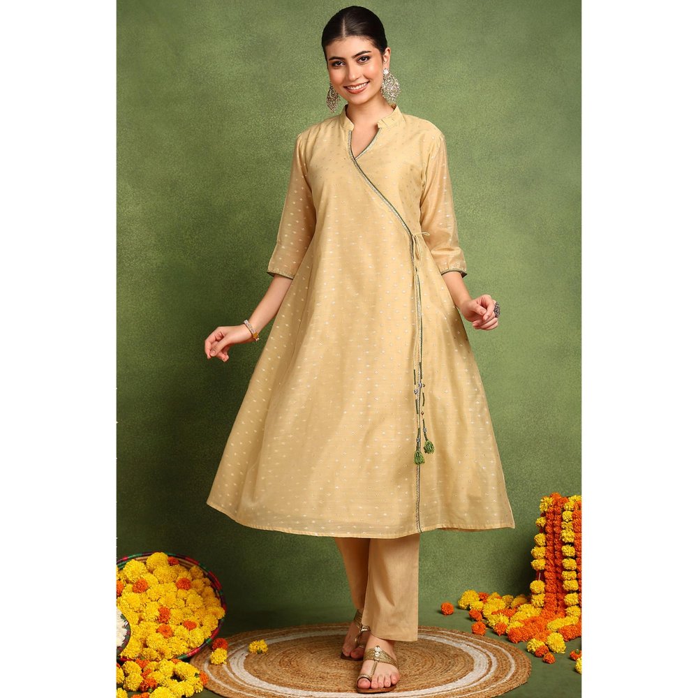 TAHILIYA Beige Khari Printed Chanderi Silk Angrakha Kurta