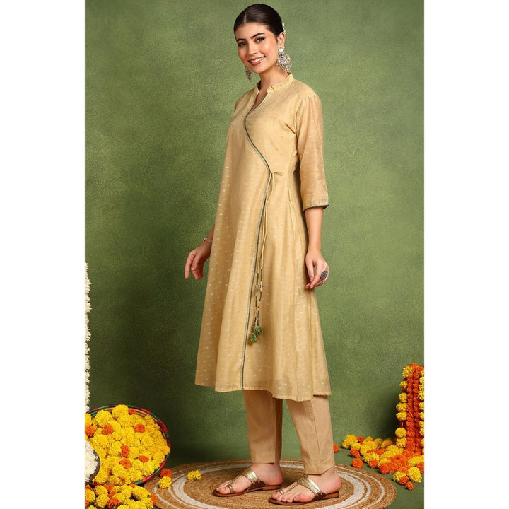 TAHILIYA Beige Khari Printed Chanderi Silk Angrakha Kurta