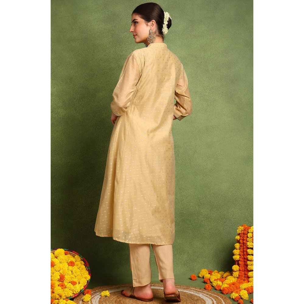 TAHILIYA Beige Khari Printed Chanderi Silk Angrakha Kurta