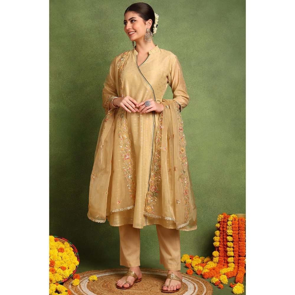 TAHILIYA Beige Khari Printed Chanderi Silk Angrakha Kurta