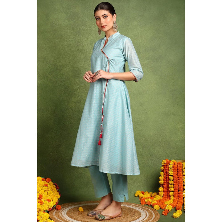 TAHILIYA Blue Khari Printed Chanderi Silk Angrakha Kurta