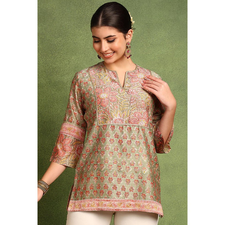 TAHILIYA Green Hand Block Printed Chanderi Silk Tunic