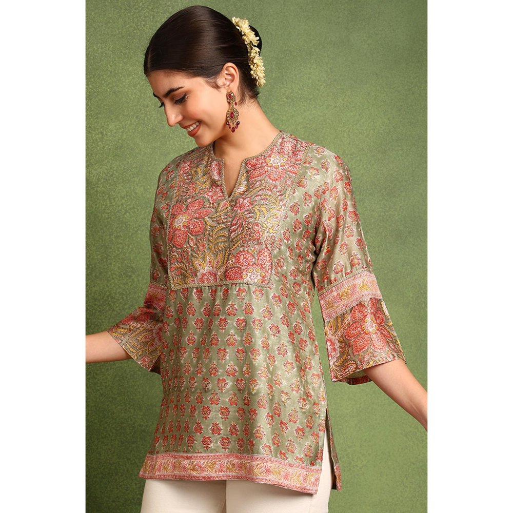 TAHILIYA Green Hand Block Printed Chanderi Silk Tunic