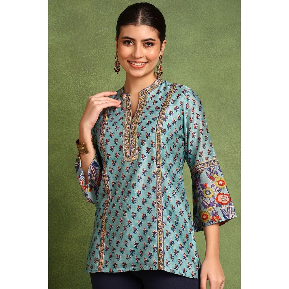 TAHILIYA Blue Hand Block Printed Chanderi Silk Tunic