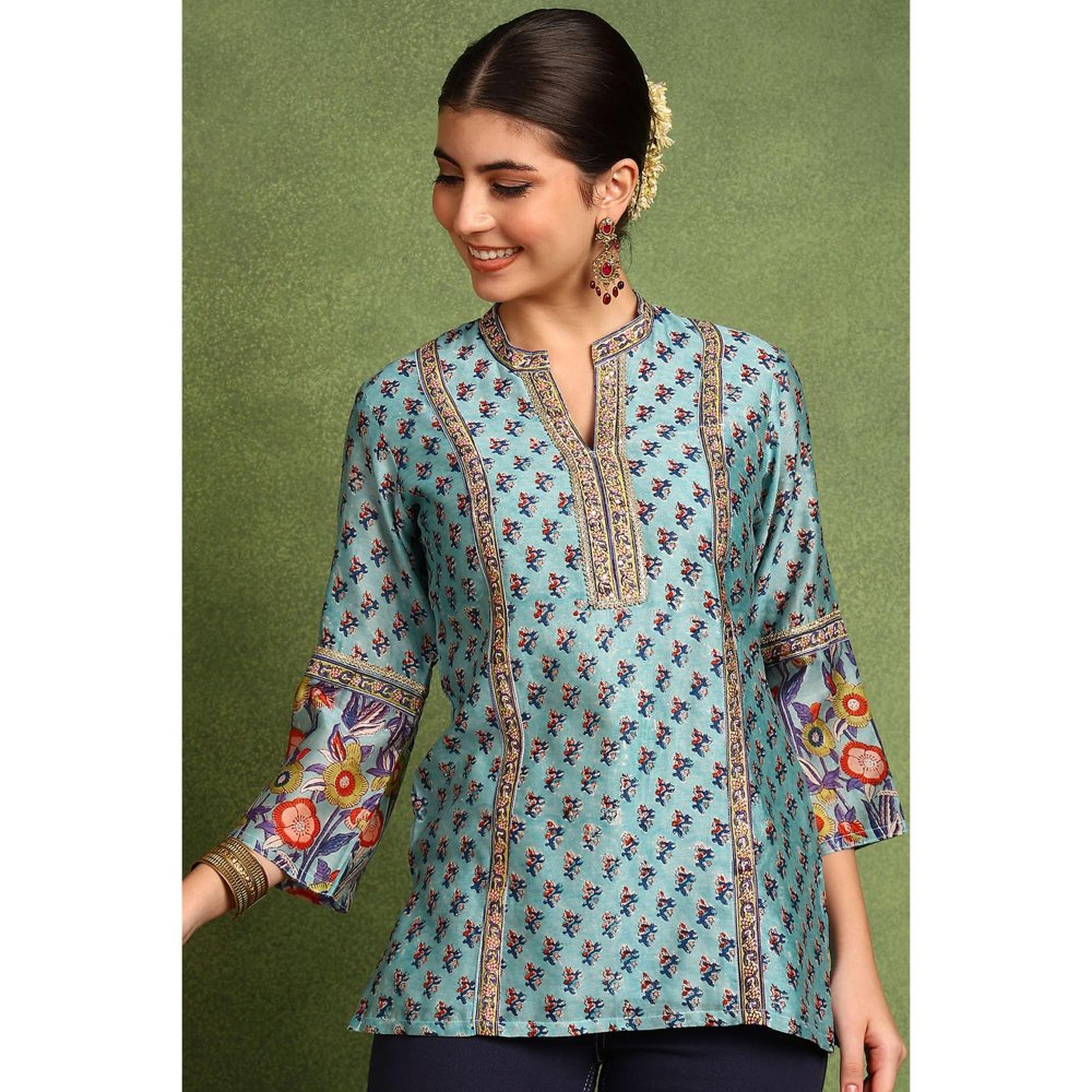 TAHILIYA Blue Hand Block Printed Chanderi Silk Tunic