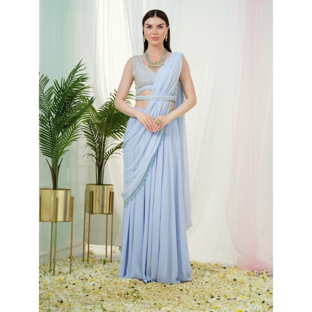 Tamaraa by Tahani Blue Orla Belt Attached Drape Saree with Stitched Blouse
