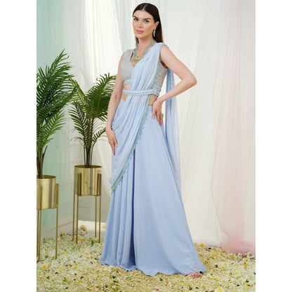 Tamaraa by Tahani Blue Orla Belt Attached Drape Saree with Stitched Blouse