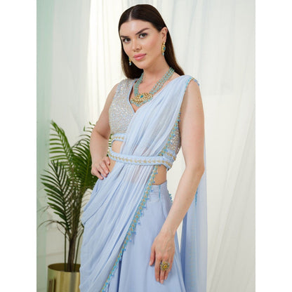 Tamaraa by Tahani Blue Orla Belt Attached Drape Saree with Stitched Blouse