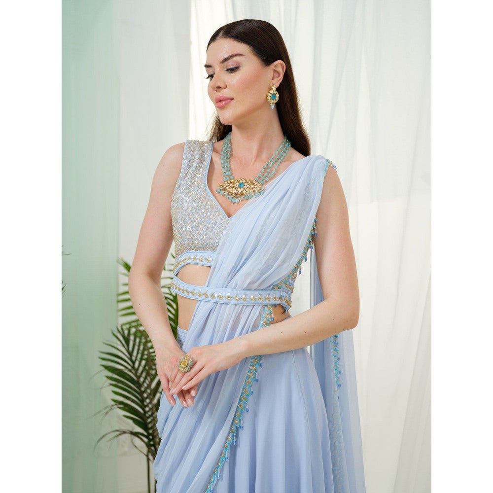 Tamaraa by Tahani Blue Orla Belt Attached Drape Saree with Stitched Blouse