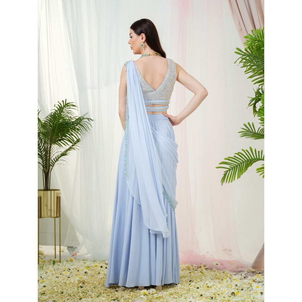 Tamaraa by Tahani Blue Orla Belt Attached Drape Saree with Stitched Blouse