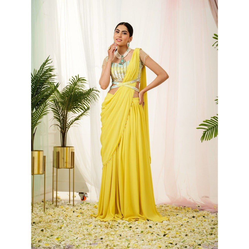 Tamaraa by Tahani Yellow Sylva Belt Attached Drape Saree with Stitched Blouse