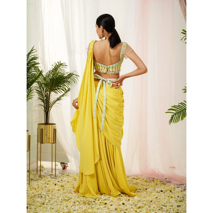 Tamaraa by Tahani Yellow Sylva Belt Attached Drape Saree with Stitched Blouse