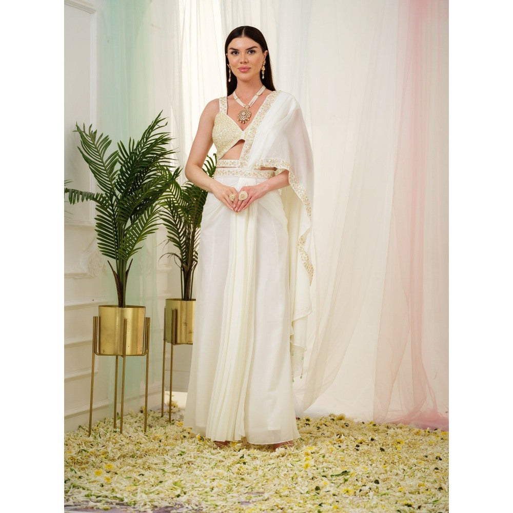 Tamaraa by Tahani White Luminous Drape Saree and Belt with Stitched Blouse