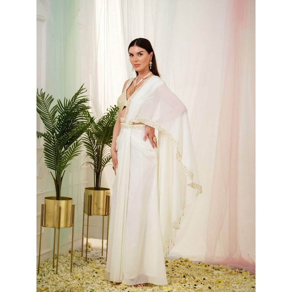 Tamaraa by Tahani White Luminous Drape Saree and Belt with Stitched Blouse