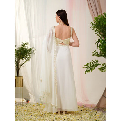 Tamaraa by Tahani White Luminous Drape Saree and Belt with Stitched Blouse