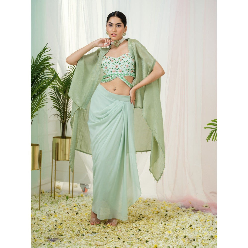 Tamaraa by Tahani Green Skirt with Crop Top and Cape (Set of 3)