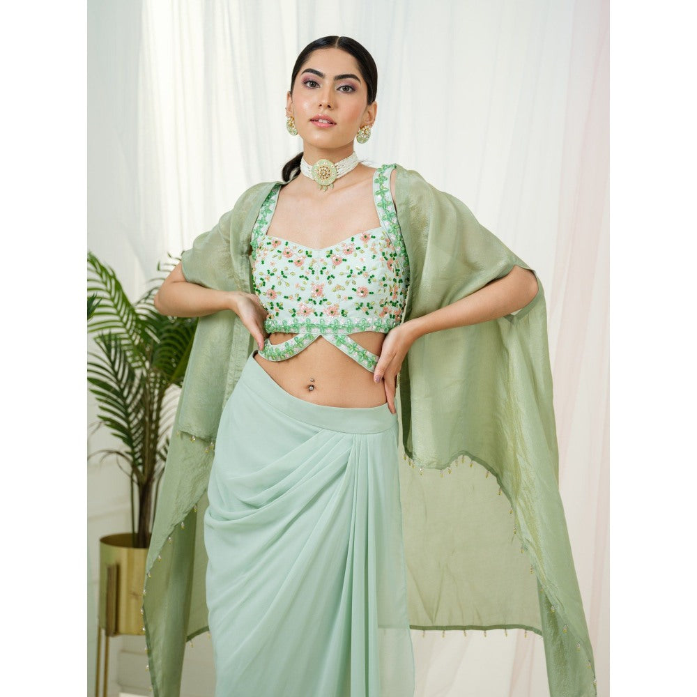 Tamaraa by Tahani Green Skirt with Crop Top and Cape (Set of 3)