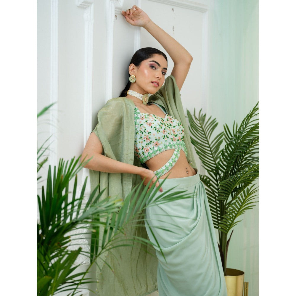 Tamaraa by Tahani Green Skirt with Crop Top and Cape (Set of 3)