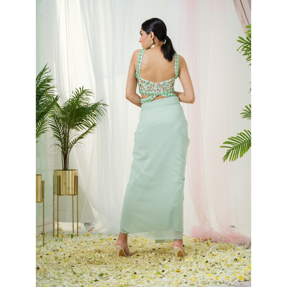 Tamaraa by Tahani Green Skirt with Crop Top and Cape (Set of 3)