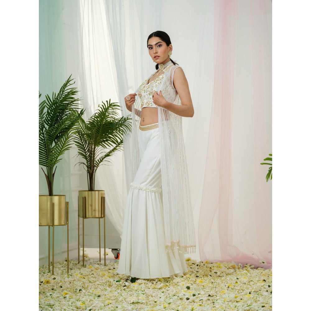 Tamaraa by Tahani Off White Enigma Jacket with Blouse and Shaara (Set of 3)